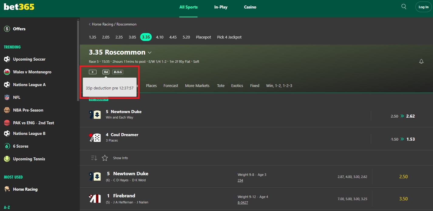 Bet365 3.35pm racecard for roscommon with the R4 symbol highlighted and a 35p deduction declared at 12:37:57pm